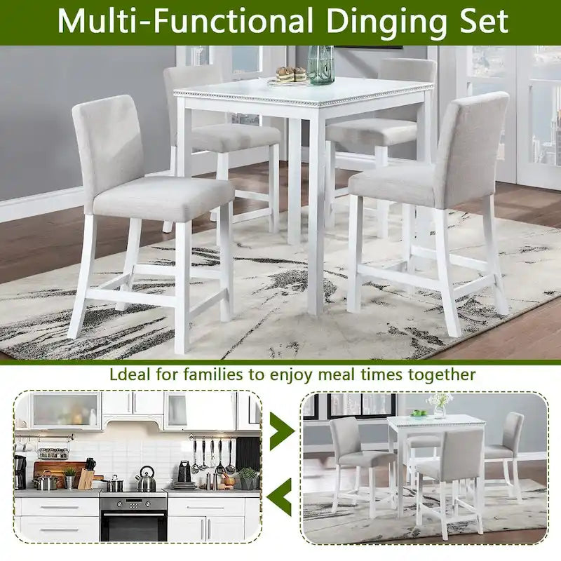 5 Pcs Counter Height Dining Table Set, Wooden Diningroom Furniture Set with Square Table and 4 Upholstered Chairs