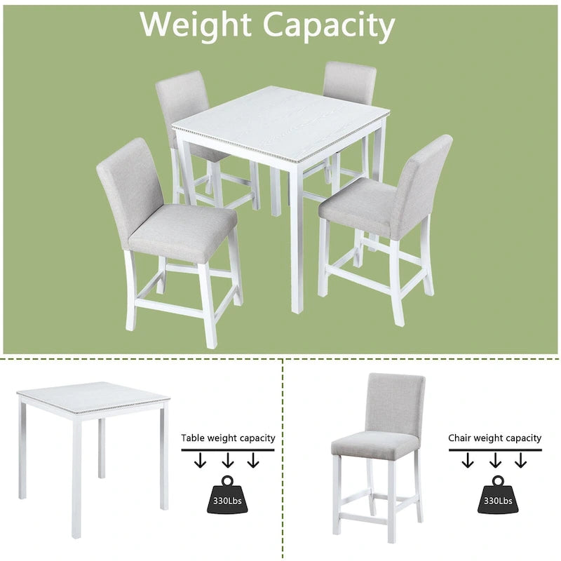 5 Pcs Counter Height Dining Table Set, Wooden Diningroom Furniture Set with Square Table and 4 Upholstered Chairs