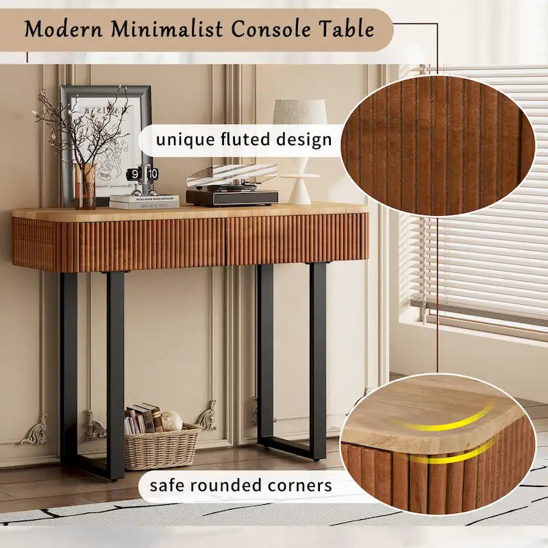 Modern Solid Wood Entryway Console Table with Fluted Design & Storage