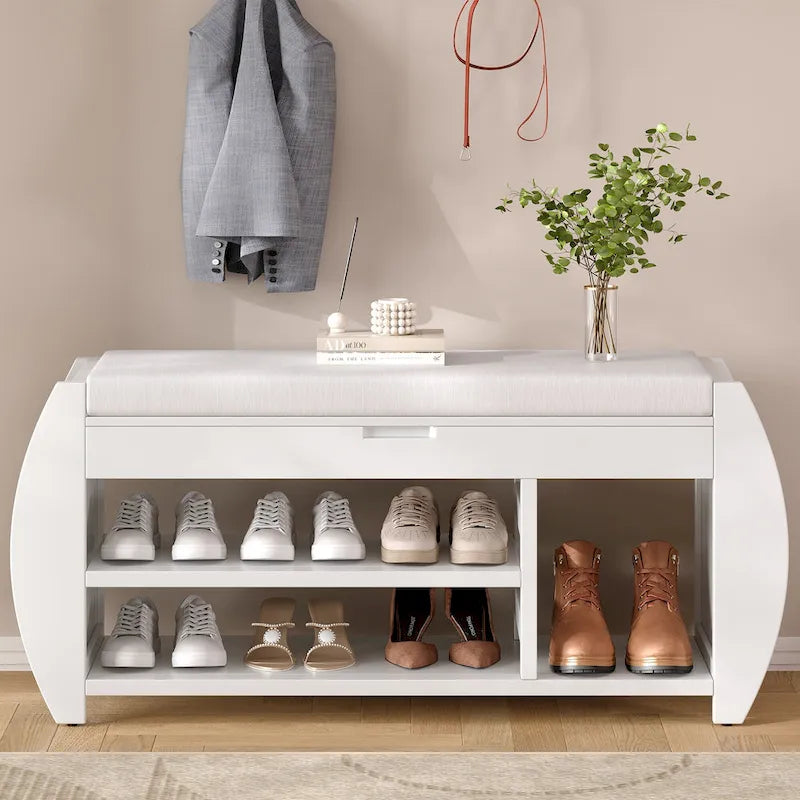 Shoe Storage Bench with Cushion and Curved Side