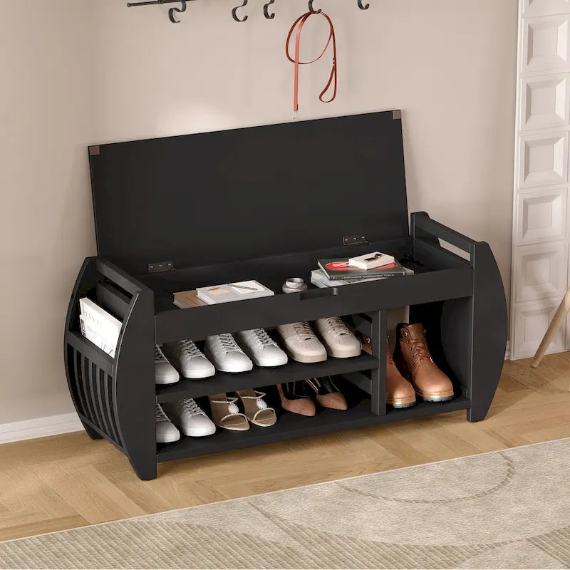 Shoe Storage Bench with Cushion and Curved Side