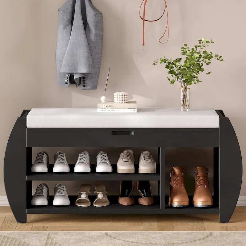 Shoe Storage Bench with Cushion and Curved Side