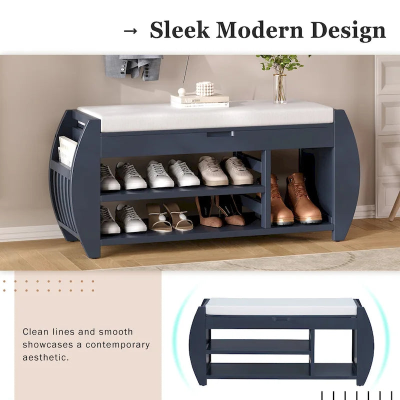 Shoe Storage Bench with Cushion and Curved Side