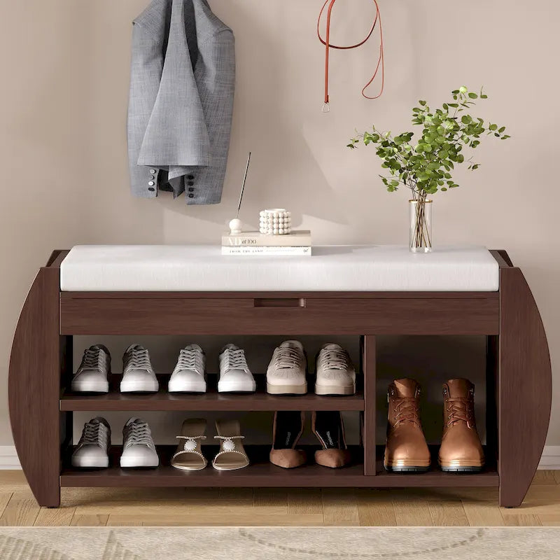Shoe Storage Bench with Cushion and Curved Side
