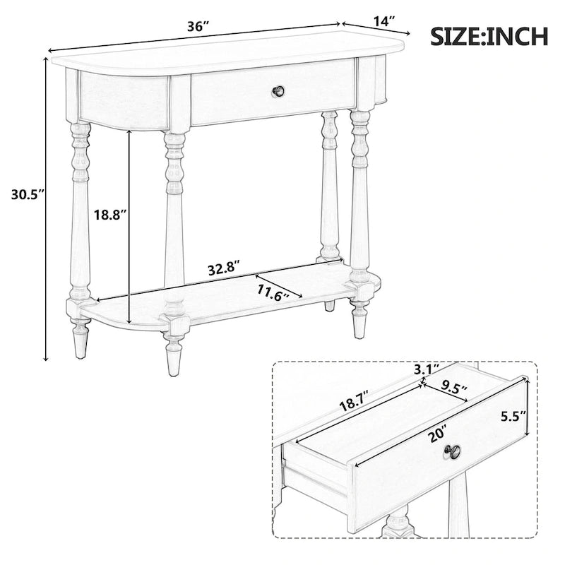 Retro Narrow Console Table with Curved Corner, Top Drawer & Open Shelf