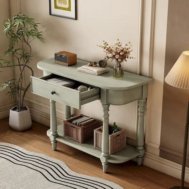 Retro Narrow Console Table with Curved Corner, Top Drawer & Open Shelf