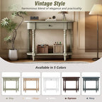 Retro Narrow Console Table with Curved Corner, Top Drawer & Open Shelf