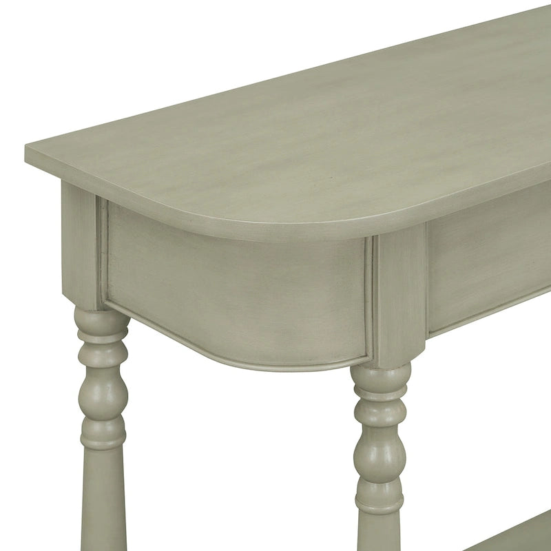 Retro Narrow Console Table with Curved Corner, Top Drawer & Open Shelf