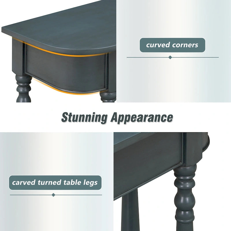 Retro Narrow Console Table with Curved Corner, Top Drawer & Open Shelf