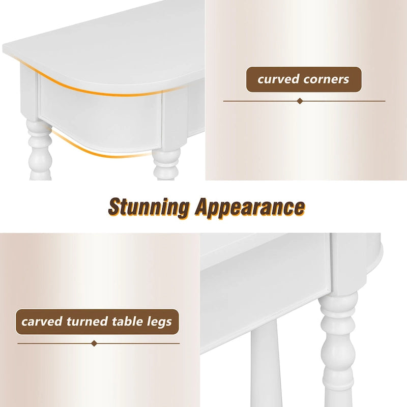 Retro Narrow Console Table with Curved Corner, Top Drawer & Open Shelf