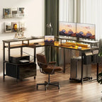 L Shaped Desk with File Drawer and Printer Stand, Reversible Corner Computer Desk with Power Outlet and LED Strip