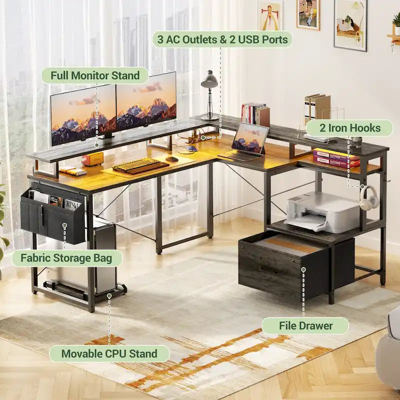 L Shaped Desk with File Drawer and Printer Stand, Reversible Corner Computer Desk with Power Outlet and LED Strip