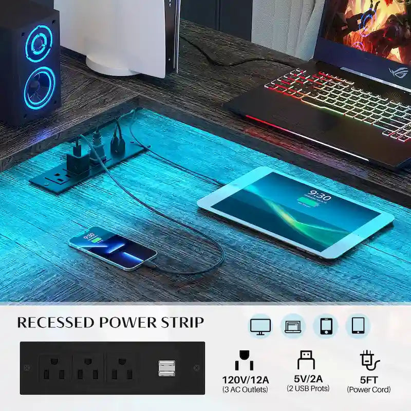 L Shaped Desk with File Drawer and Printer Stand, Reversible Corner Computer Desk with Power Outlet and LED Strip