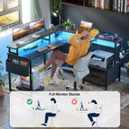 L Shaped Desk with File Drawer and Printer Stand, Reversible Corner Computer Desk with Power Outlet and LED Strip