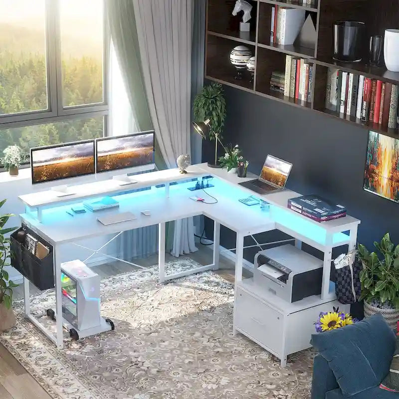 L Shaped Desk with File Drawer and Printer Stand, Reversible Corner Computer Desk with Power Outlet and LED Strip