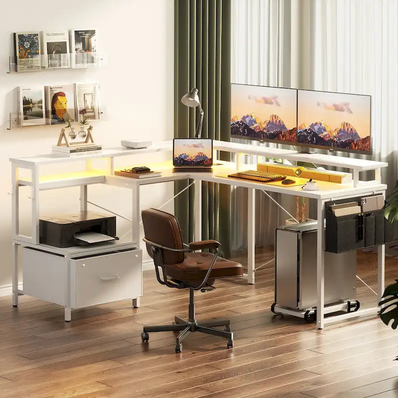 L Shaped Desk with File Drawer and Printer Stand, Reversible Corner Computer Desk with Power Outlet and LED Strip