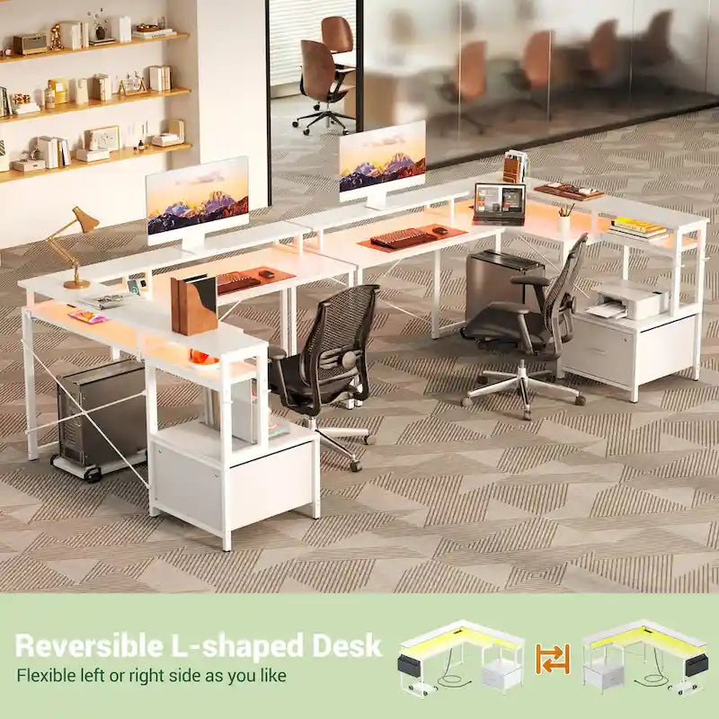L Shaped Desk with File Drawer and Printer Stand, Reversible Corner Computer Desk with Power Outlet and LED Strip