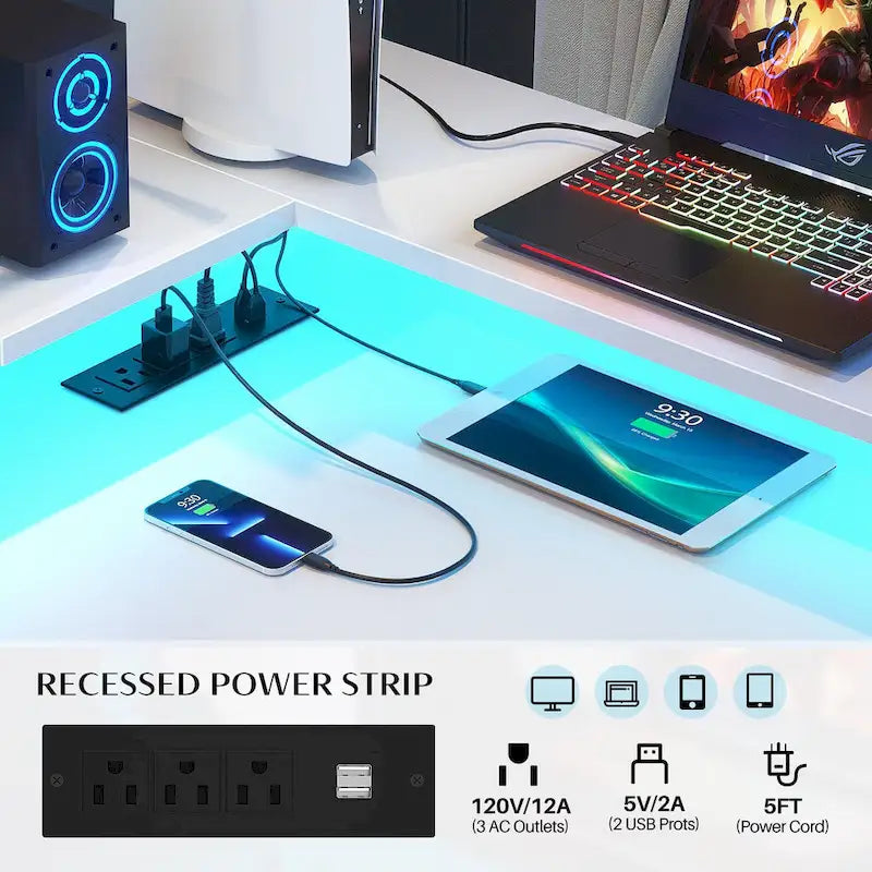 L Shaped Desk with File Drawer and Printer Stand, Reversible Corner Computer Desk with Power Outlet and LED Strip