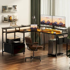 L Shaped Desk with File Drawer and Printer Stand, Reversible Corner Computer Desk with Power Outlet and LED Strip