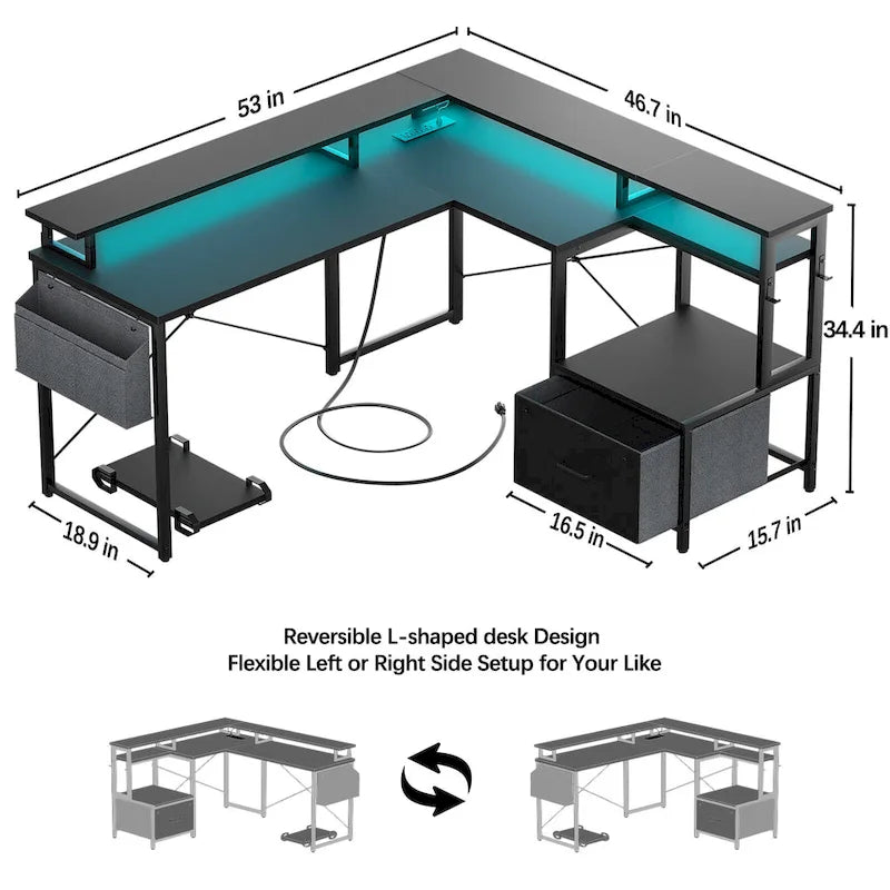 L Shaped Desk with File Drawer and Printer Stand, Reversible Corner Computer Desk with Power Outlet and LED Strip