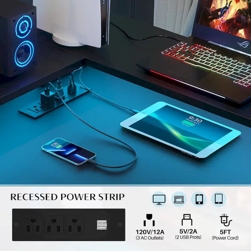 L Shaped Desk with File Drawer and Printer Stand, Reversible Corner Computer Desk with Power Outlet and LED Strip