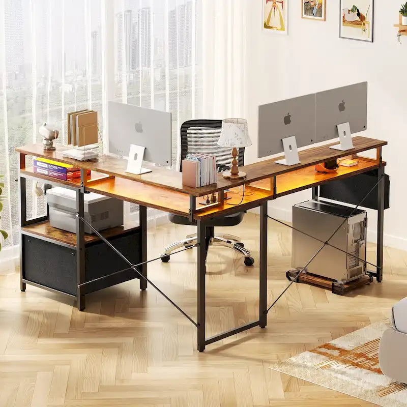 L Shaped Desk with File Drawer and Printer Stand, Reversible Corner Computer Desk with Power Outlet and LED Strip