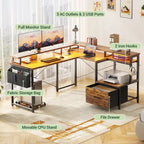 L Shaped Desk with File Drawer and Printer Stand, Reversible Corner Computer Desk with Power Outlet and LED Strip