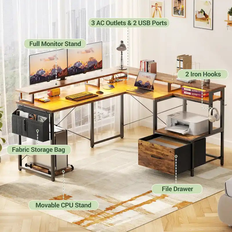 L Shaped Desk with File Drawer and Printer Stand, Reversible Corner Computer Desk with Power Outlet and LED Strip