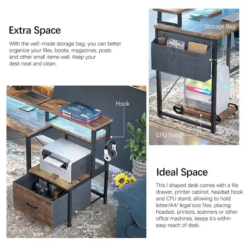 L Shaped Desk with File Drawer and Printer Stand, Reversible Corner Computer Desk with Power Outlet and LED Strip