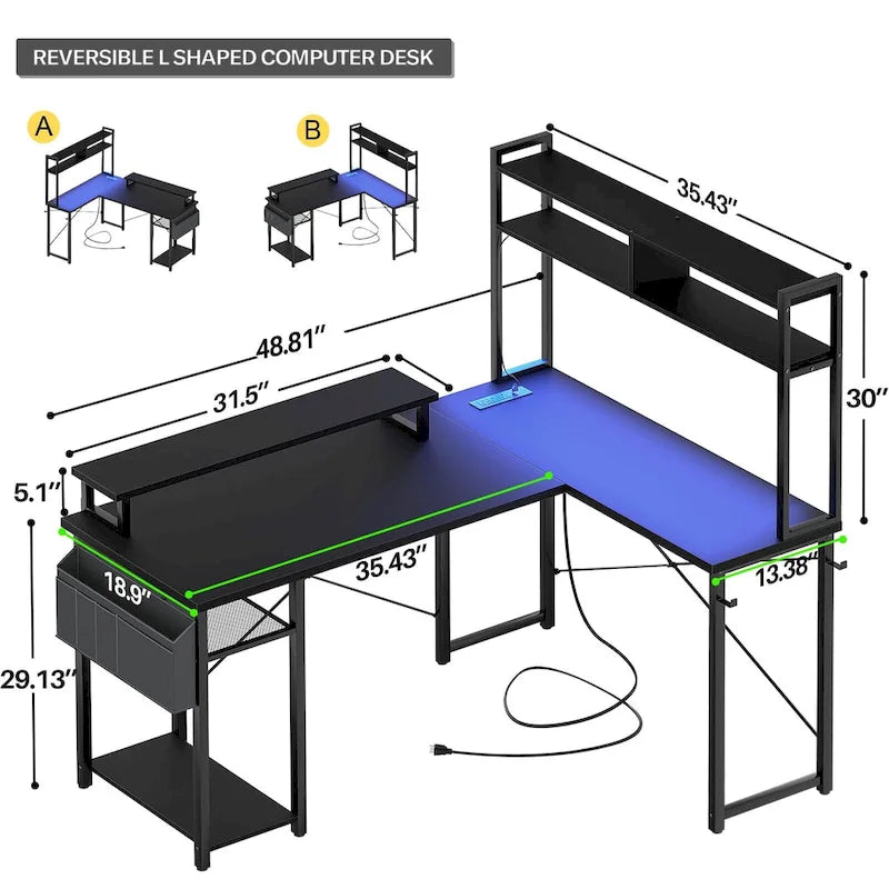 Farmhouse L-shaped Desk with Power Outlet, Gaming Table with Hutch and LED Light