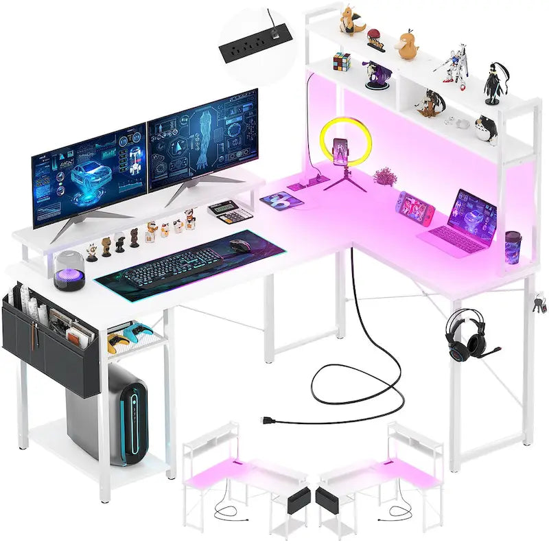 Farmhouse L-shaped Desk with Power Outlet, Gaming Table with Hutch and LED Light