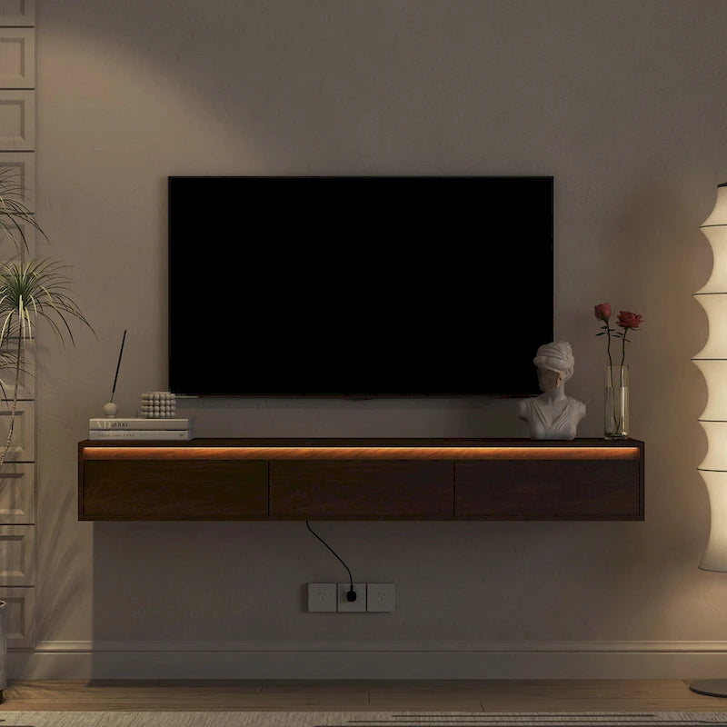 Modern Wood Floating TV Stand with 3 Storage Cabinets and LED Lights for Living Room Bedroom and Home Theater