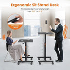 42.5 H Tall Small Standing Desk Mobile Portable Rolling Laptop PC Table Adjustable Height w/ Wheels