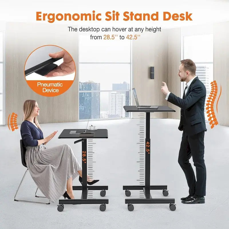 42.5 H Tall Small Standing Desk Mobile Portable Rolling Laptop PC Table Adjustable Height w/ Wheels
