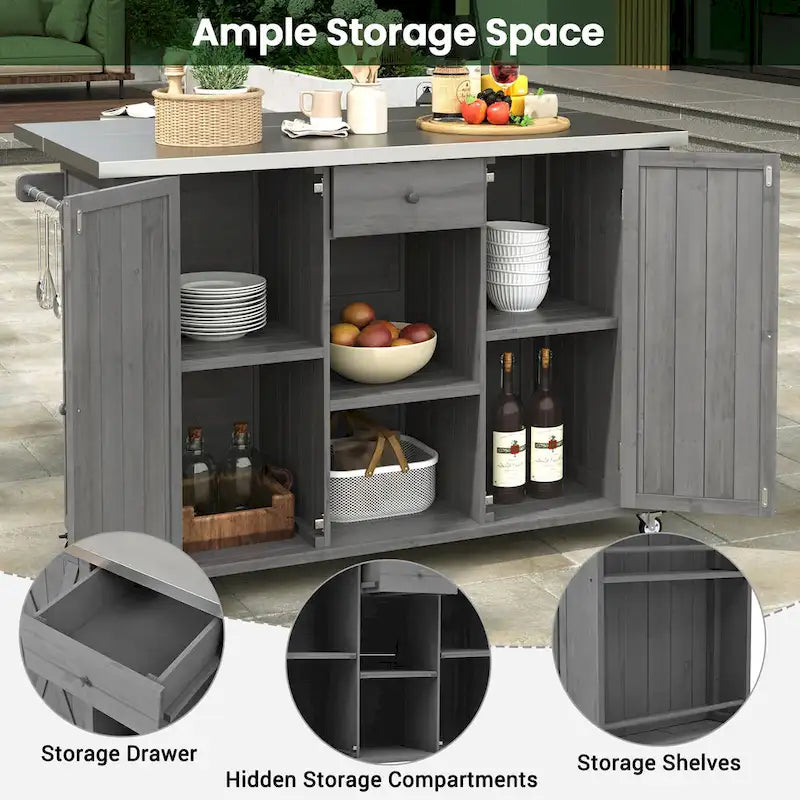 Outdoor Solid Fir Wood Kitchen Island with Stainless Steel Top,Mobile Outdoor Cart with Barn Doors,Drawer