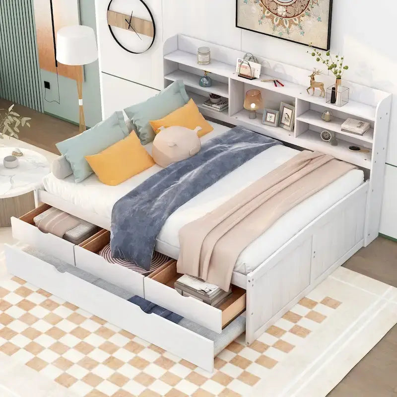 Full Size Wooden Captain Platform Bed with Built-in Bookshelves, Three Storage Drawers and Trundle