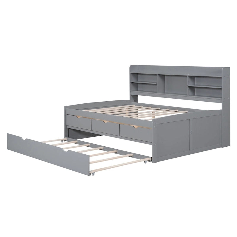 Full Size Wooden Captain Platform Bed with Built-in Bookshelves, Three Storage Drawers and Trundle