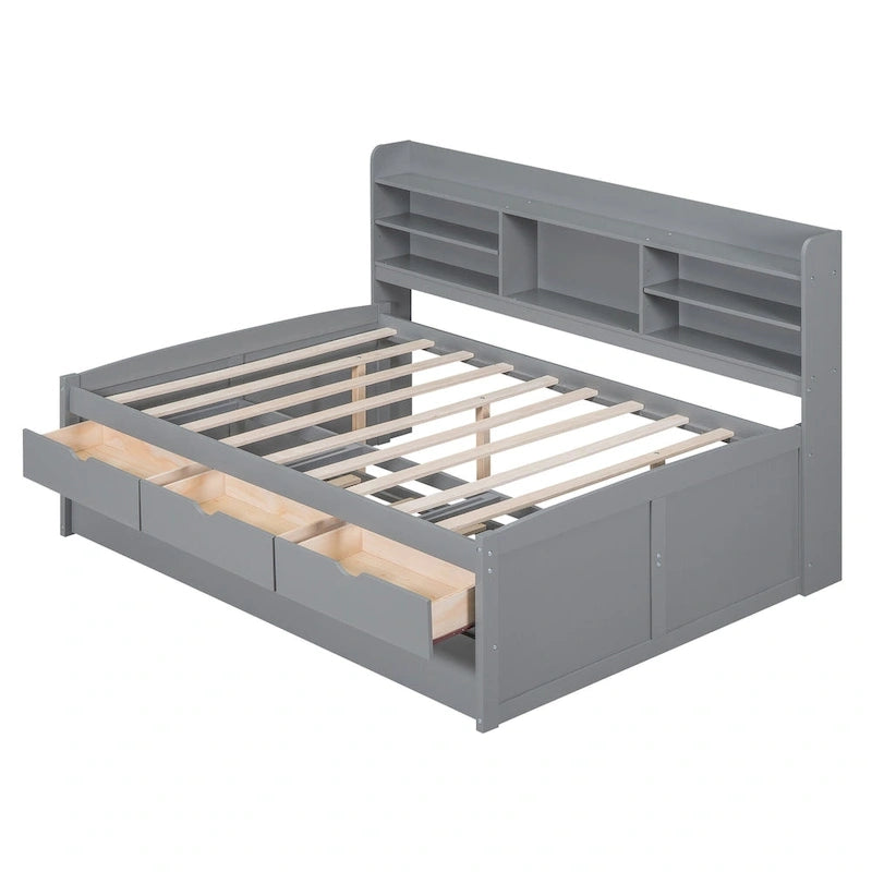 Full Size Wooden Captain Platform Bed with Built-in Bookshelves, Three Storage Drawers and Trundle