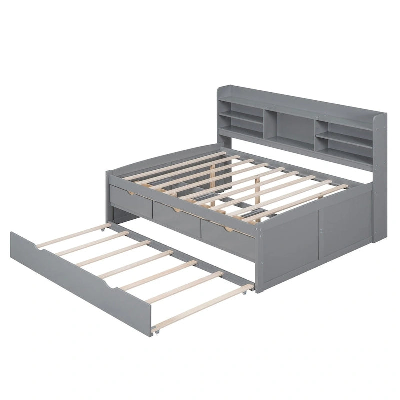 Full Size Wooden Captain Platform Bed with Built-in Bookshelves, Three Storage Drawers and Trundle