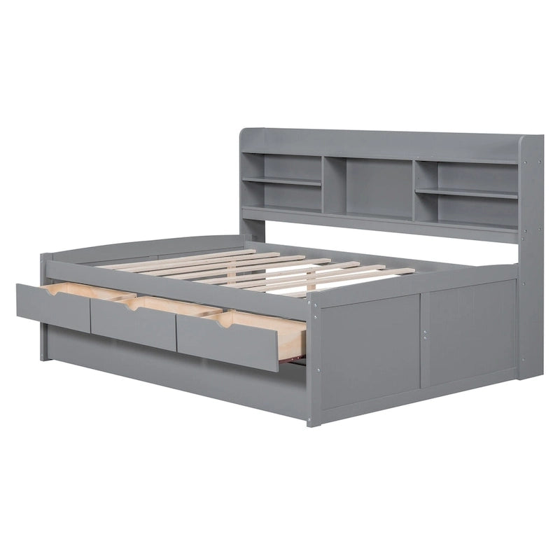 Full Size Wooden Captain Platform Bed with Built-in Bookshelves, Three Storage Drawers and Trundle