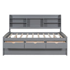Full Size Wooden Captain Platform Bed with Built-in Bookshelves, Three Storage Drawers and Trundle