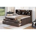 Full Size Wooden Captain Platform Bed with Built-in Bookshelves, Three Storage Drawers and Trundle