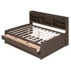Full Size Wooden Captain Platform Bed with Built-in Bookshelves, Three Storage Drawers and Trundle