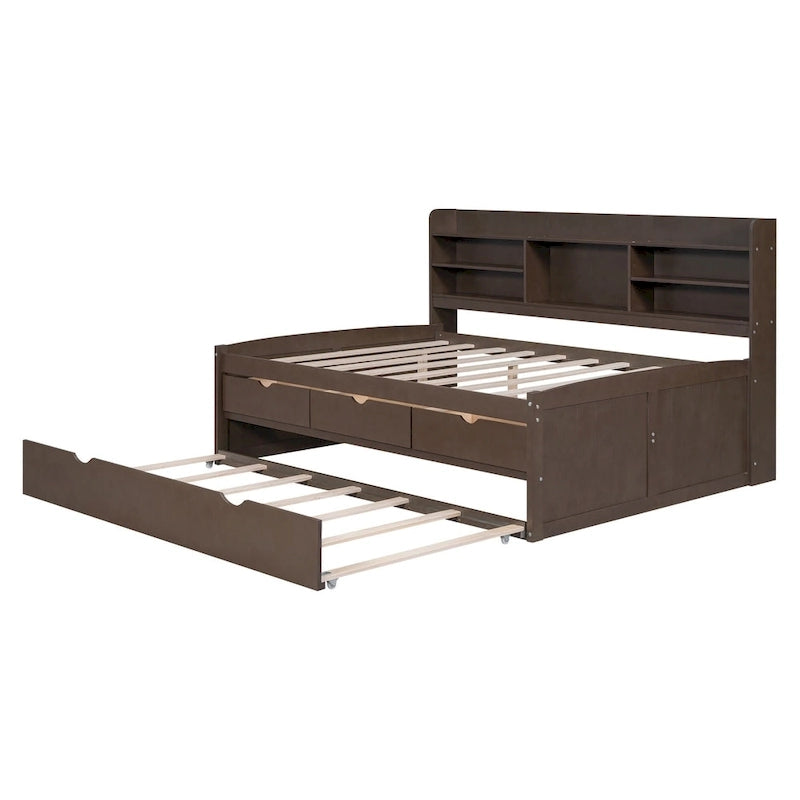 Full Size Wooden Captain Platform Bed with Built-in Bookshelves, Three Storage Drawers and Trundle