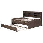Full Size Wooden Captain Platform Bed with Built-in Bookshelves, Three Storage Drawers and Trundle