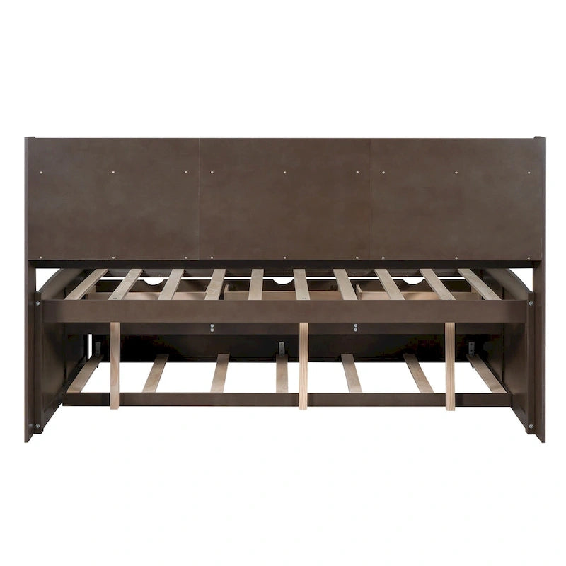 Full Size Wooden Captain Platform Bed with Built-in Bookshelves, Three Storage Drawers and Trundle