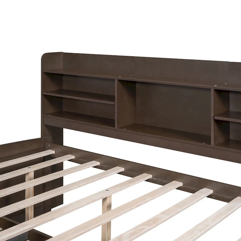 Full Size Wooden Captain Platform Bed with Built-in Bookshelves, Three Storage Drawers and Trundle