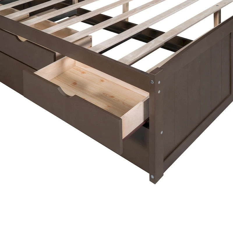 Full Size Wooden Captain Platform Bed with Built-in Bookshelves, Three Storage Drawers and Trundle