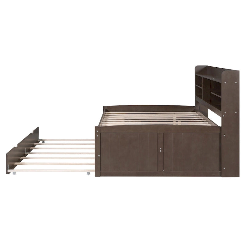 Full Size Wooden Captain Platform Bed with Built-in Bookshelves, Three Storage Drawers and Trundle