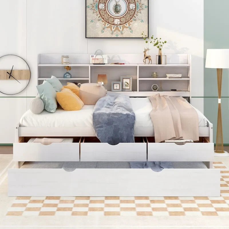 Full Size Wooden Captain Platform Bed with Built-in Bookshelves, Three Storage Drawers and Trundle